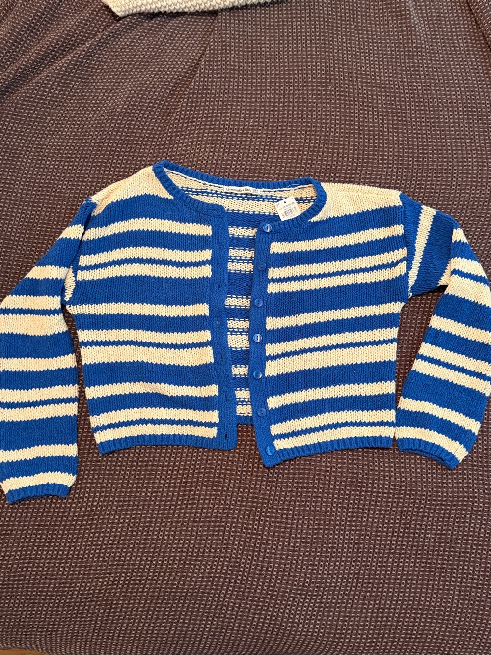 Abercrombie & Fitch Blue and Cream Striped Cropped Button Cardigan